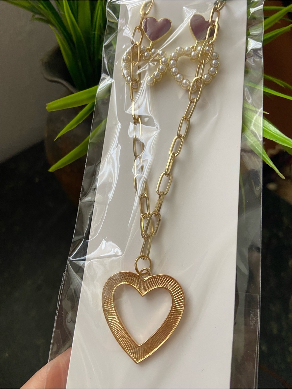 Gold Heart Pendant Necklace earring set